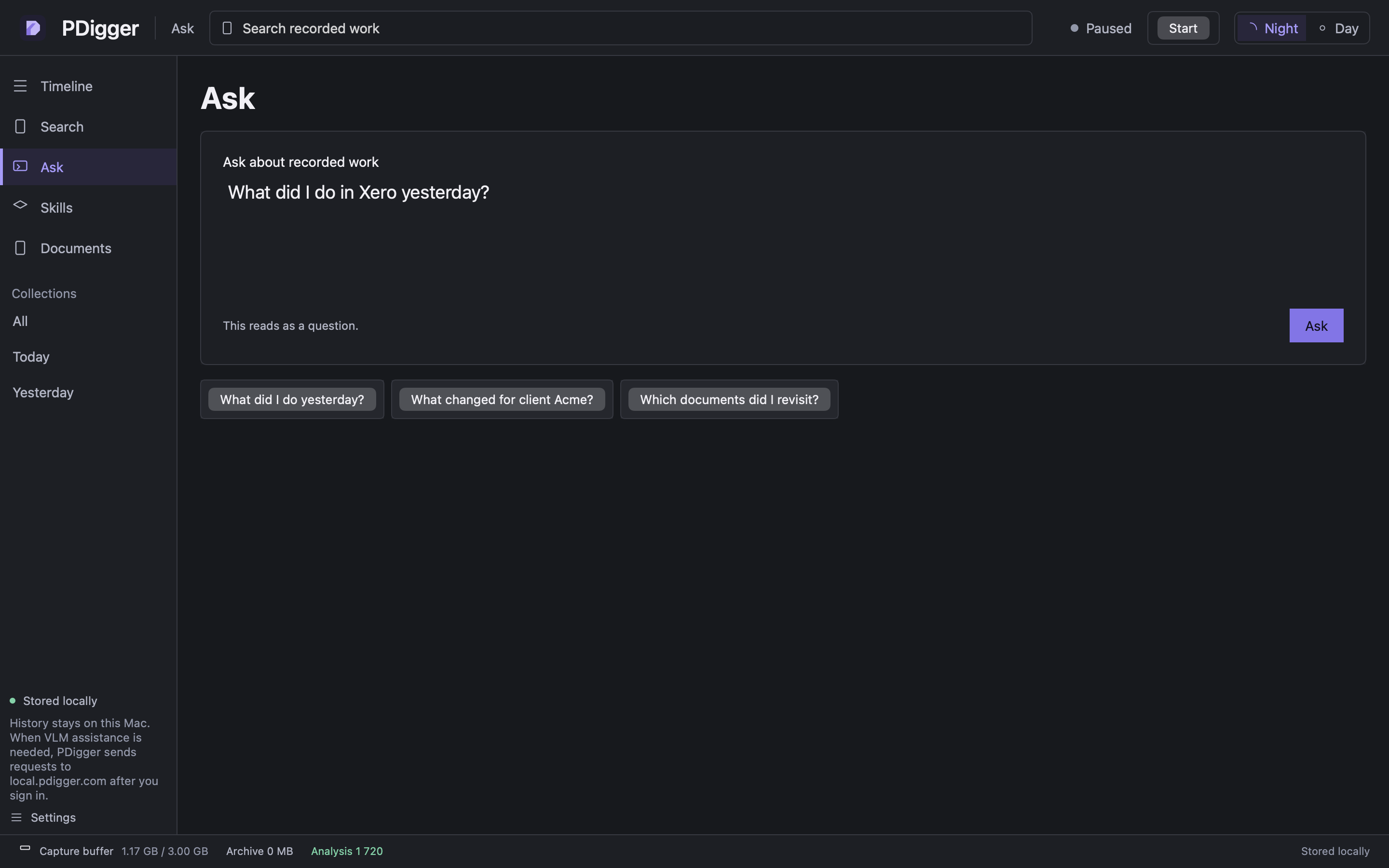 Ask page with the question What did I do in Xero yesterday?
