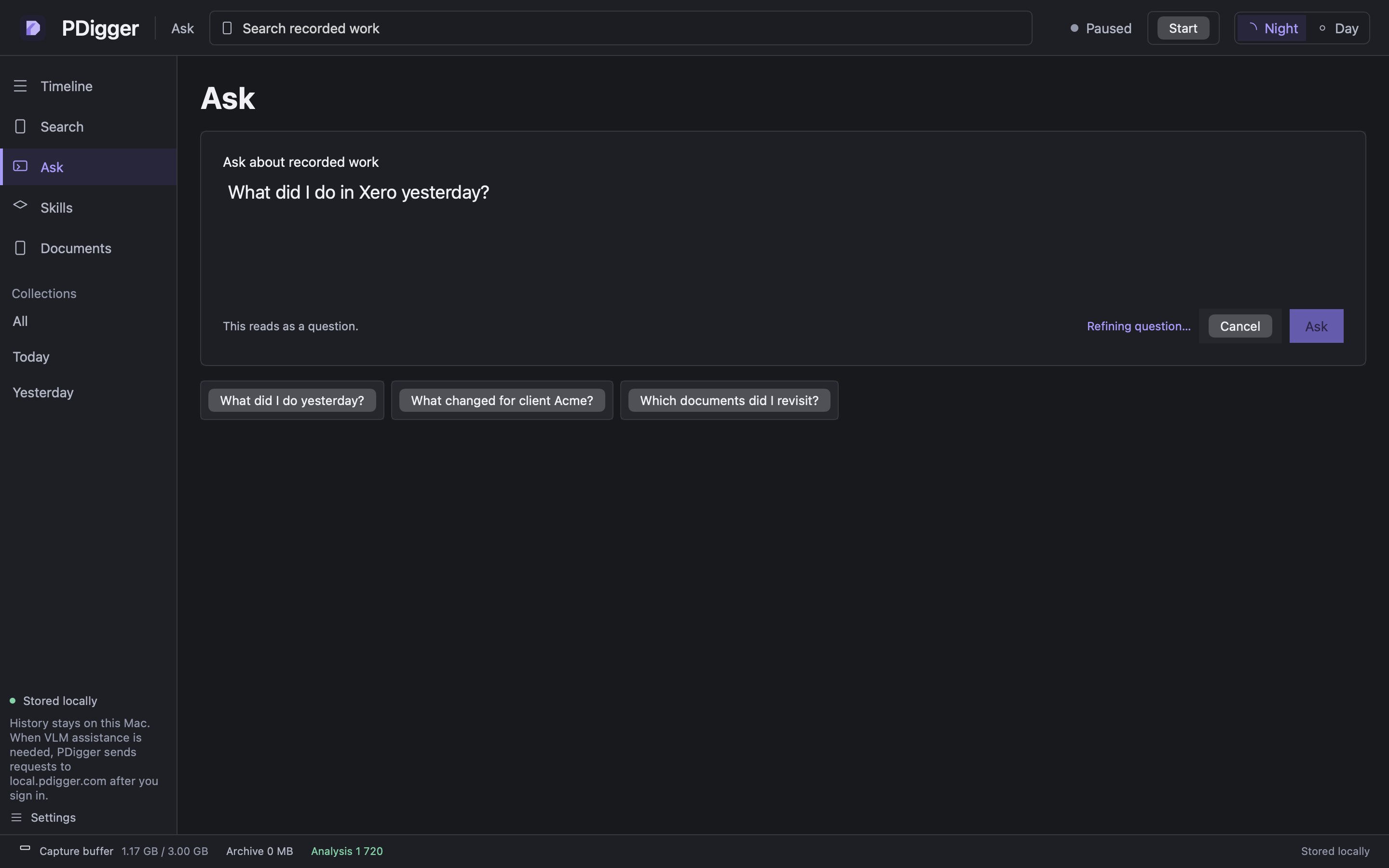 Ask page showing Refining question while the request runs