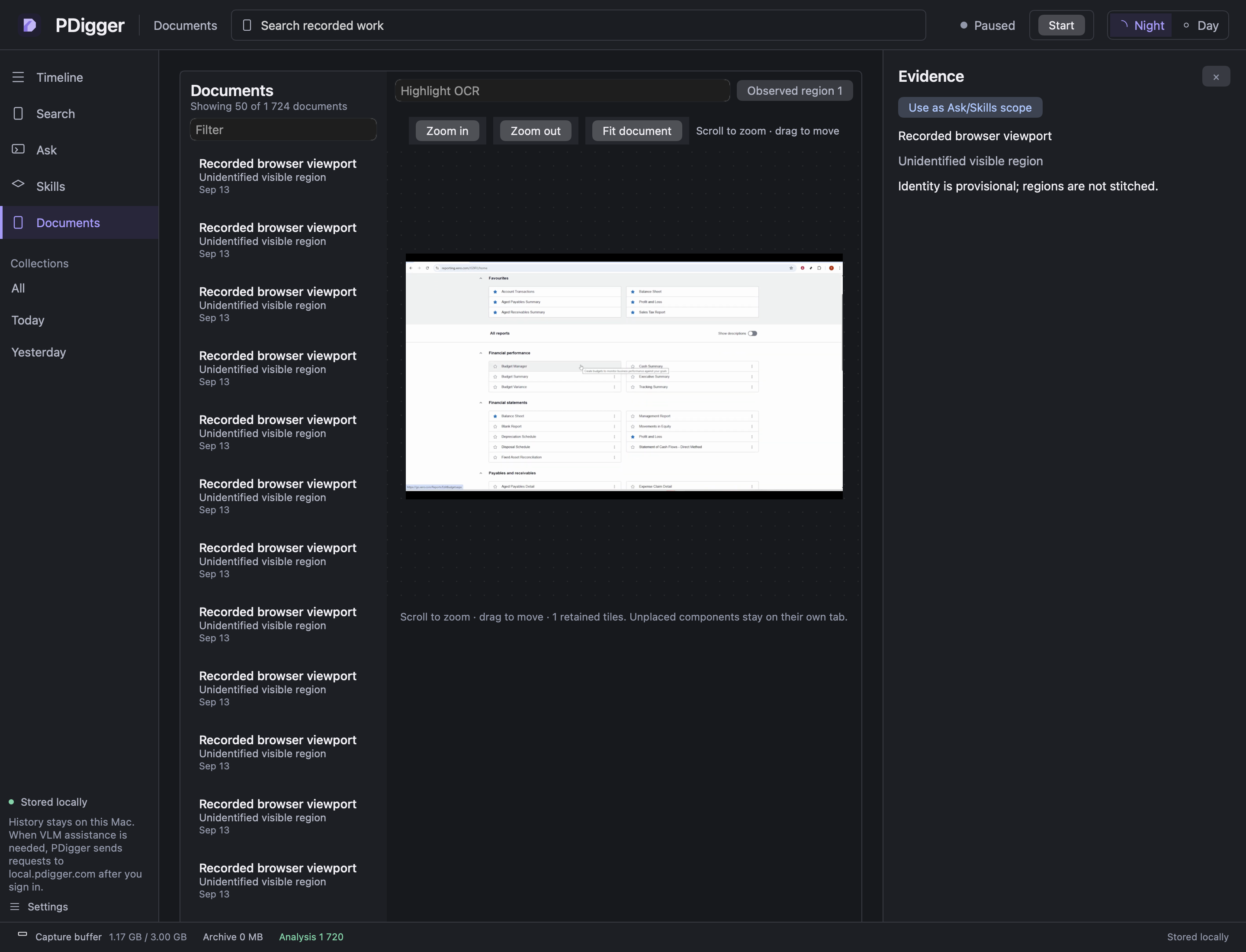 Documents page with a selected map, Scroll to zoom status, and Fit document
