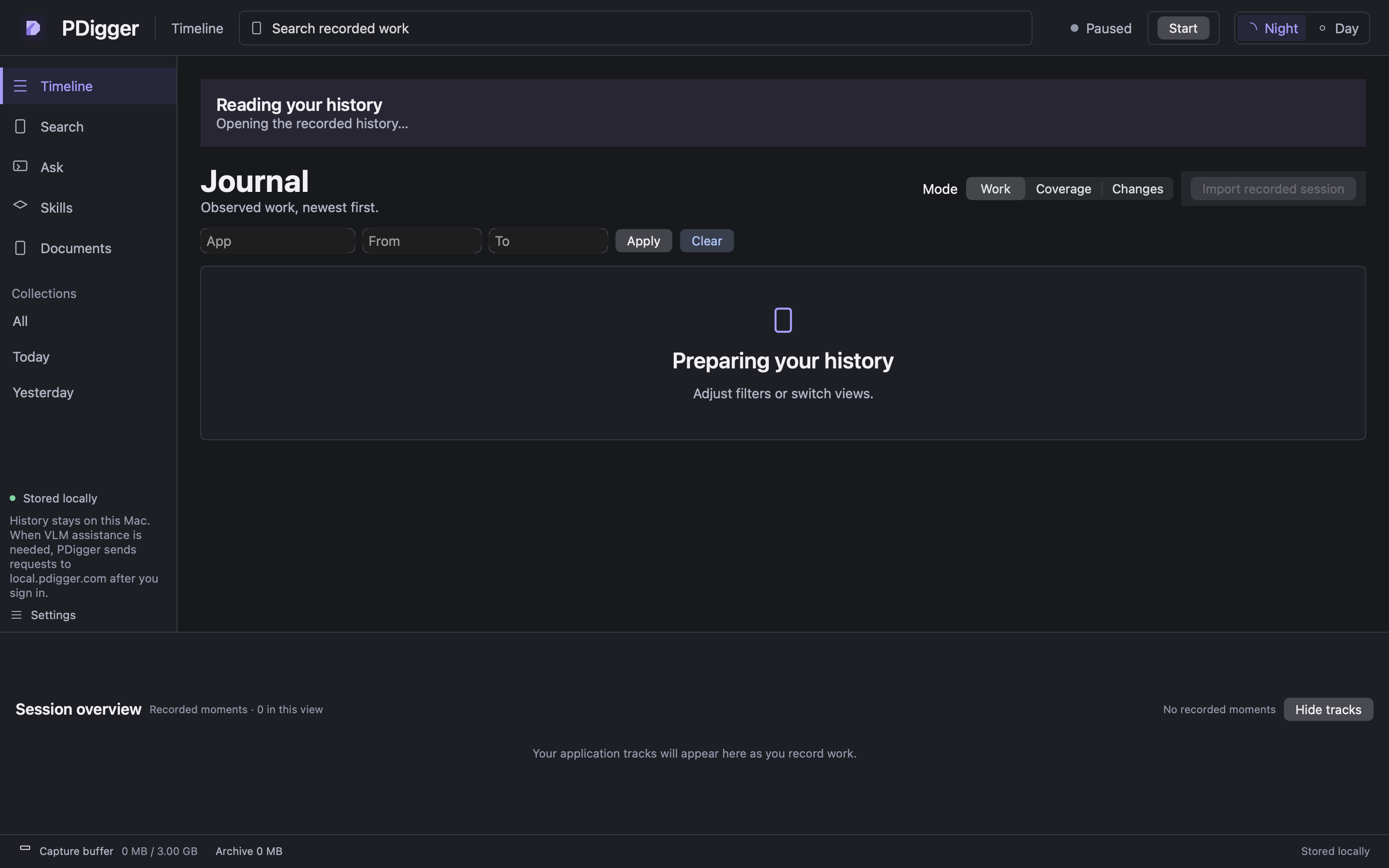 PDigger window showing Preparing your history while local storage opens