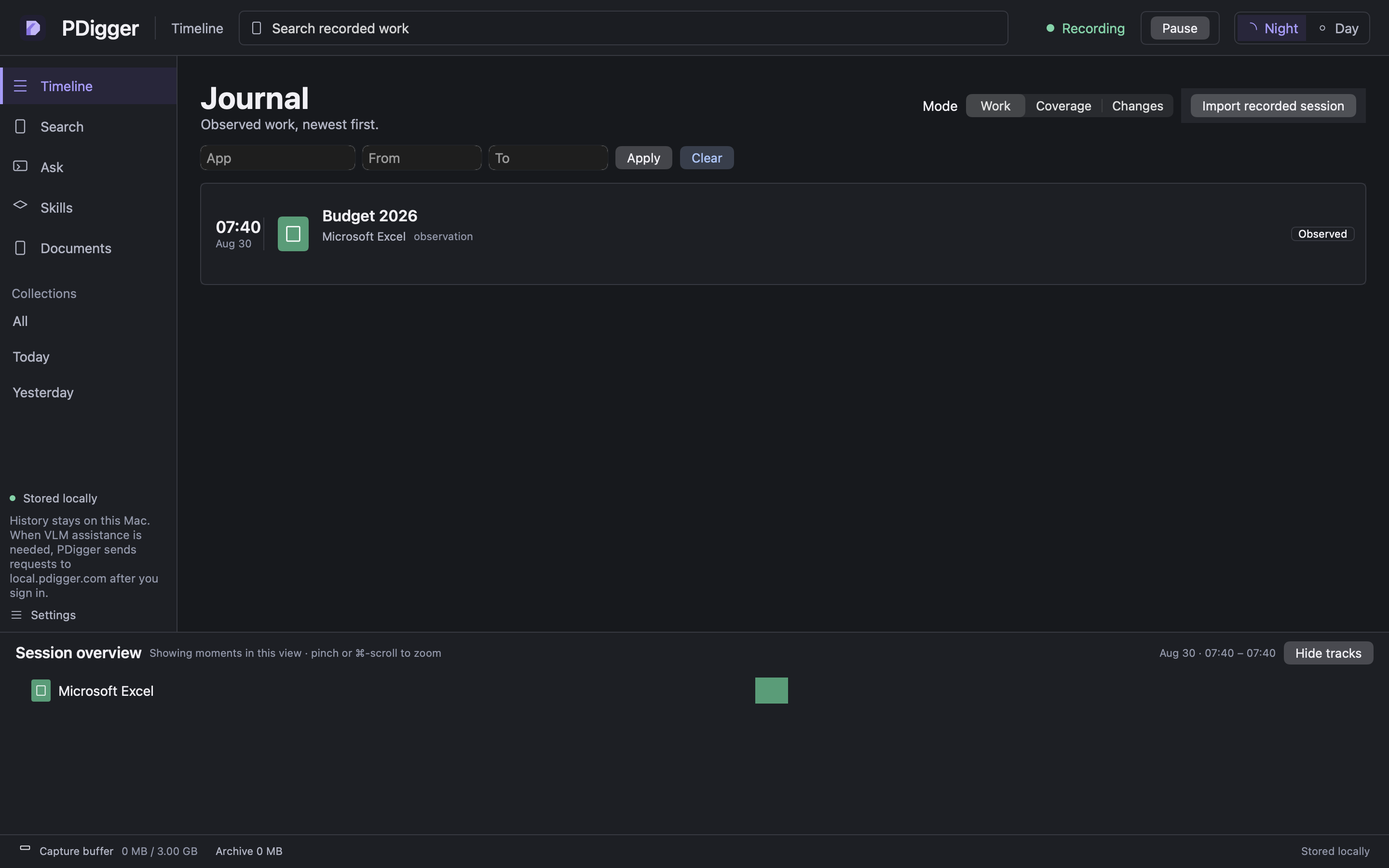 Timeline page with the status showing Recording after Start