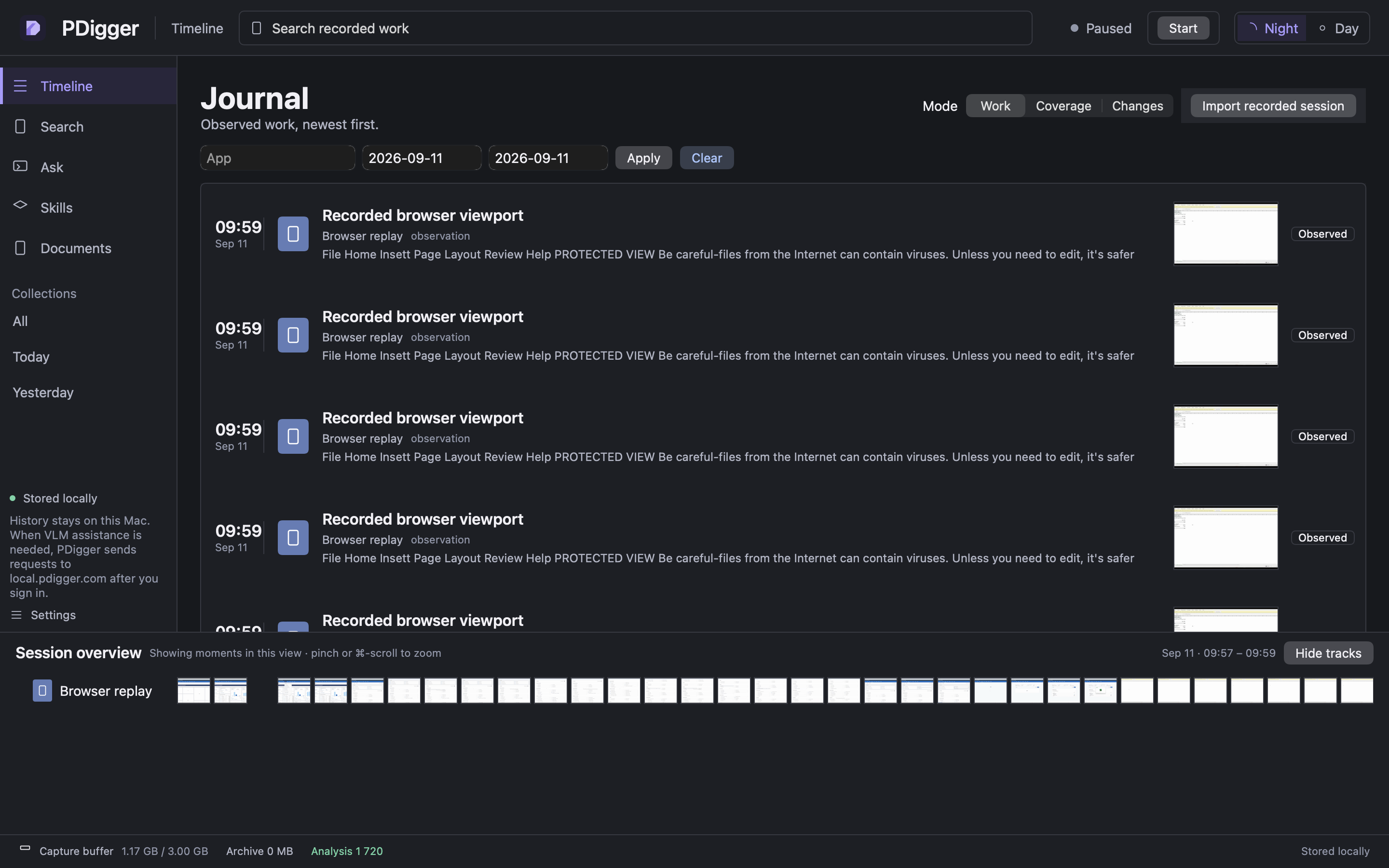 Timeline with Import recorded session next to the Work Coverage Changes control