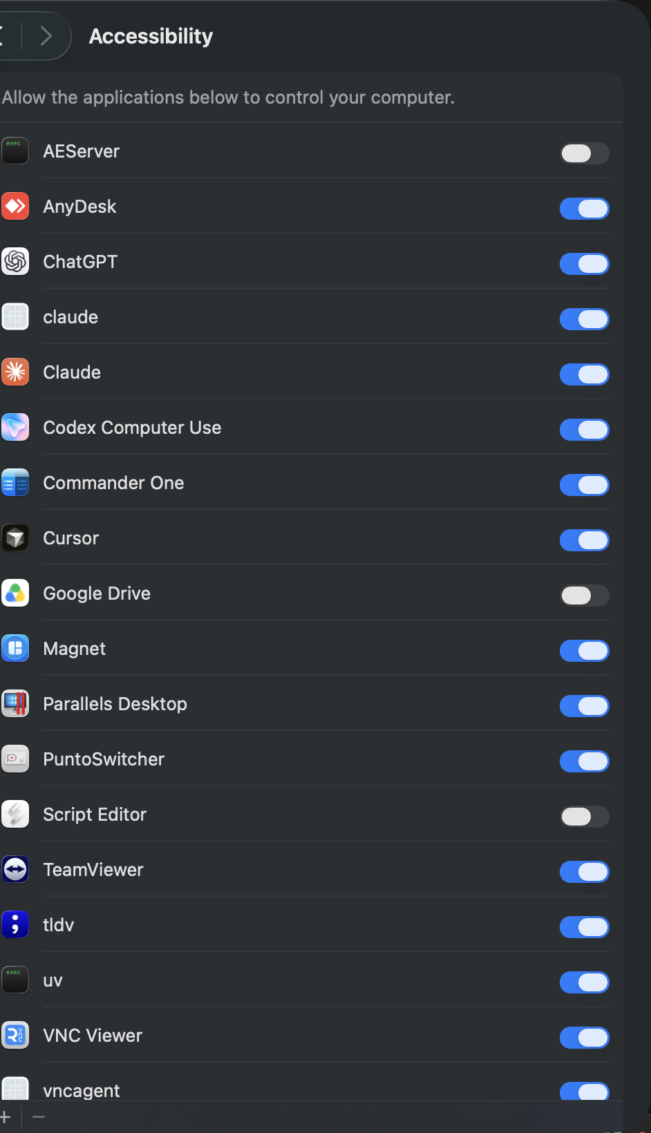 Accessibility permission list with on and off switches next to each app, plus and minus at the bottom