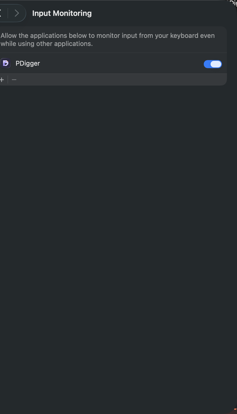 Input Monitoring pane with PDigger in the list and the switch turned on