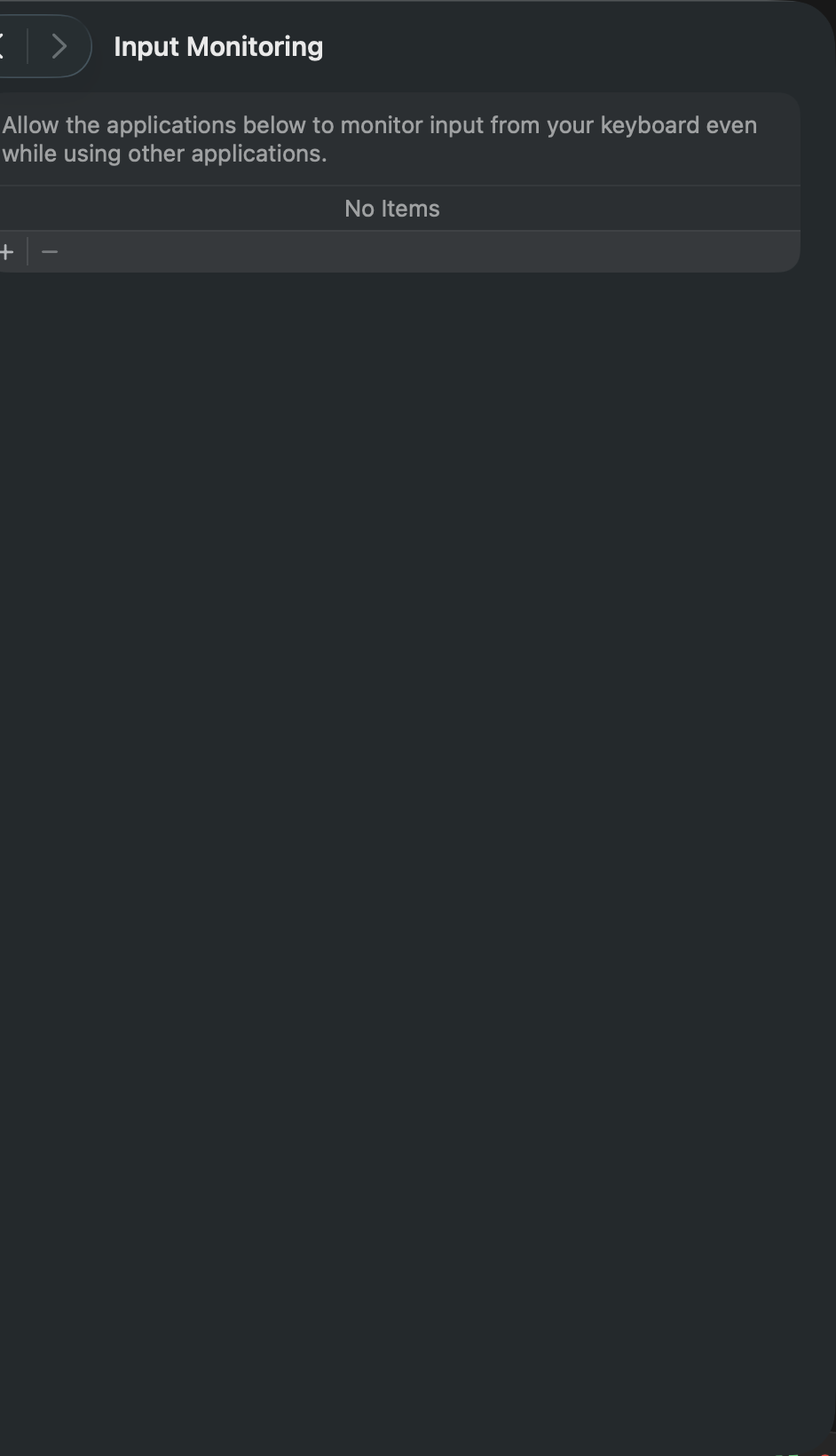 Input Monitoring pane showing an empty list and plus to add an app