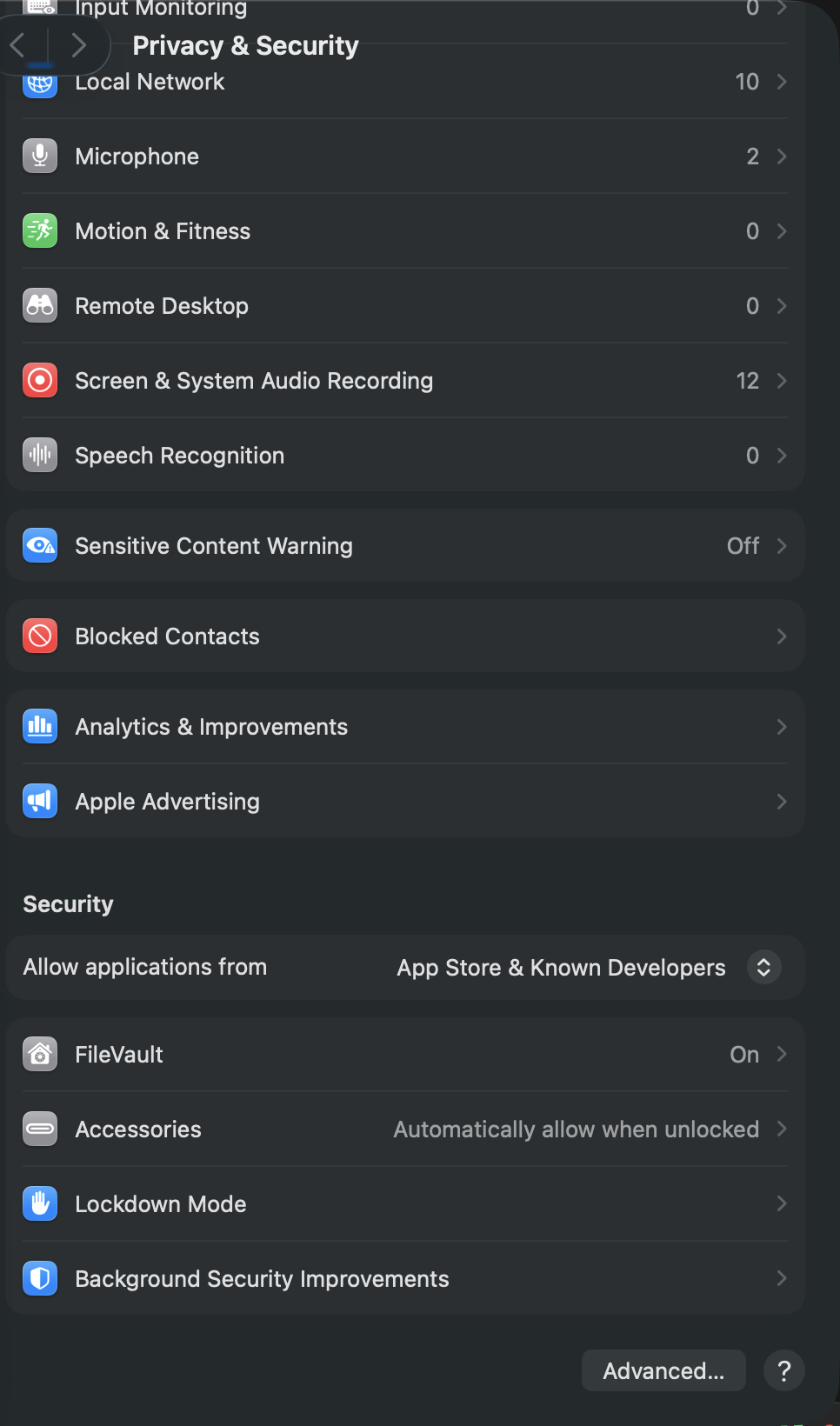 macOS Privacy and Security scrolled to Screen and System Audio Recording and the Security section