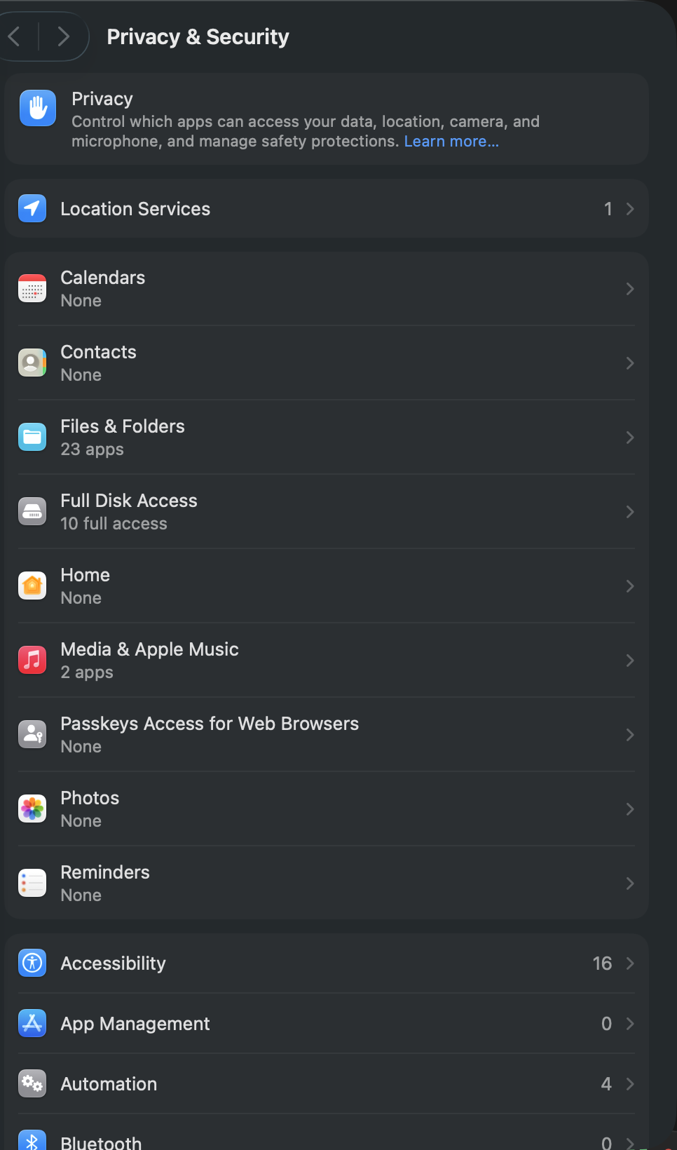 Privacy and Security list with Accessibility highlighted near the bottom