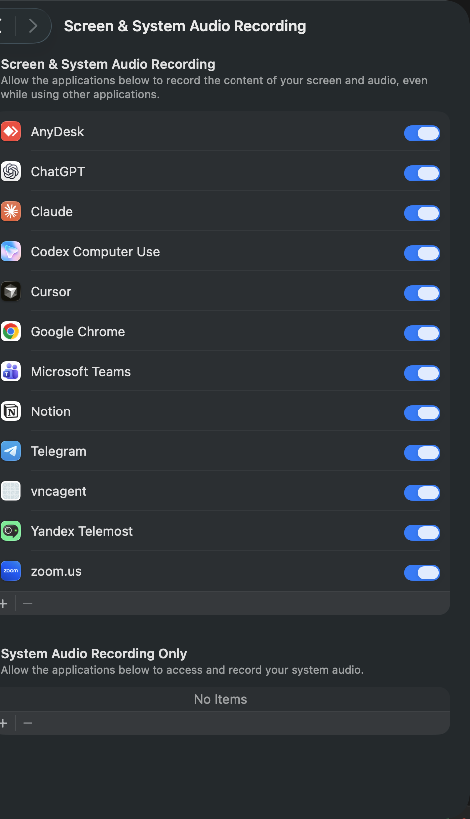 Screen and System Audio Recording list with a switch next to each app and plus at the bottom