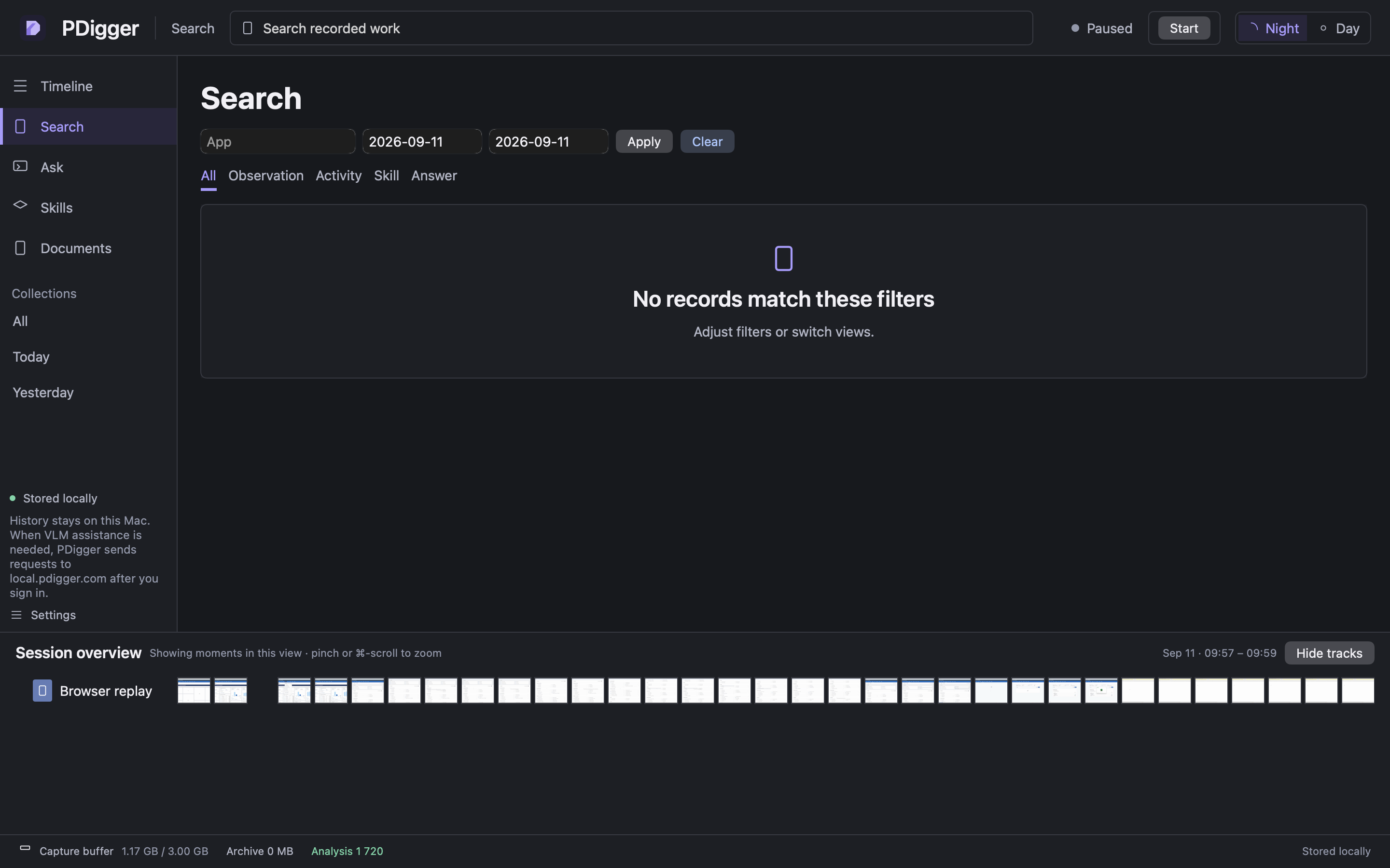 Empty Search page with filters for app, from and to dates