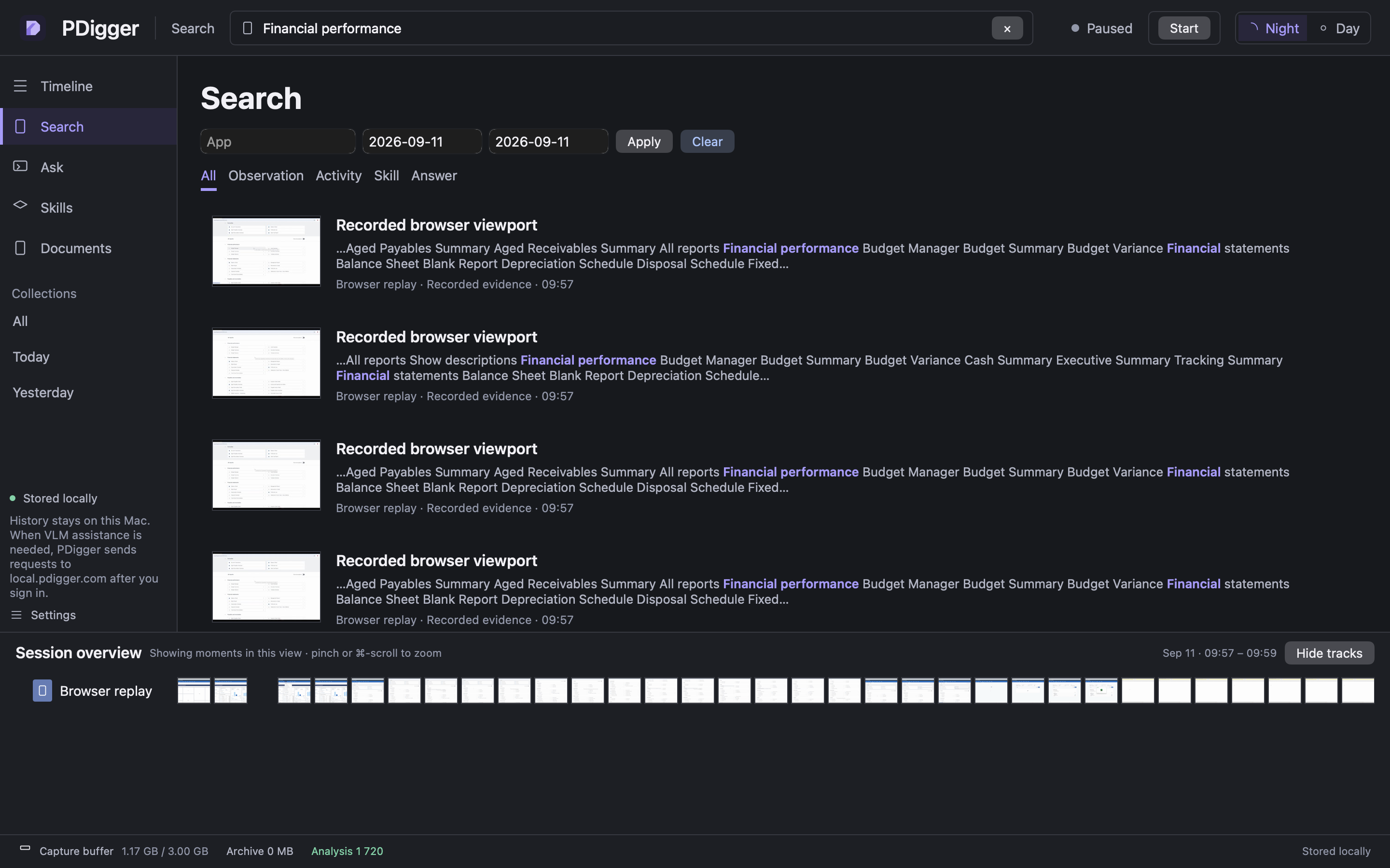 Search results with Recorded browser viewport titles, highlighted Financial performance excerpts, thumbnails, app names and times