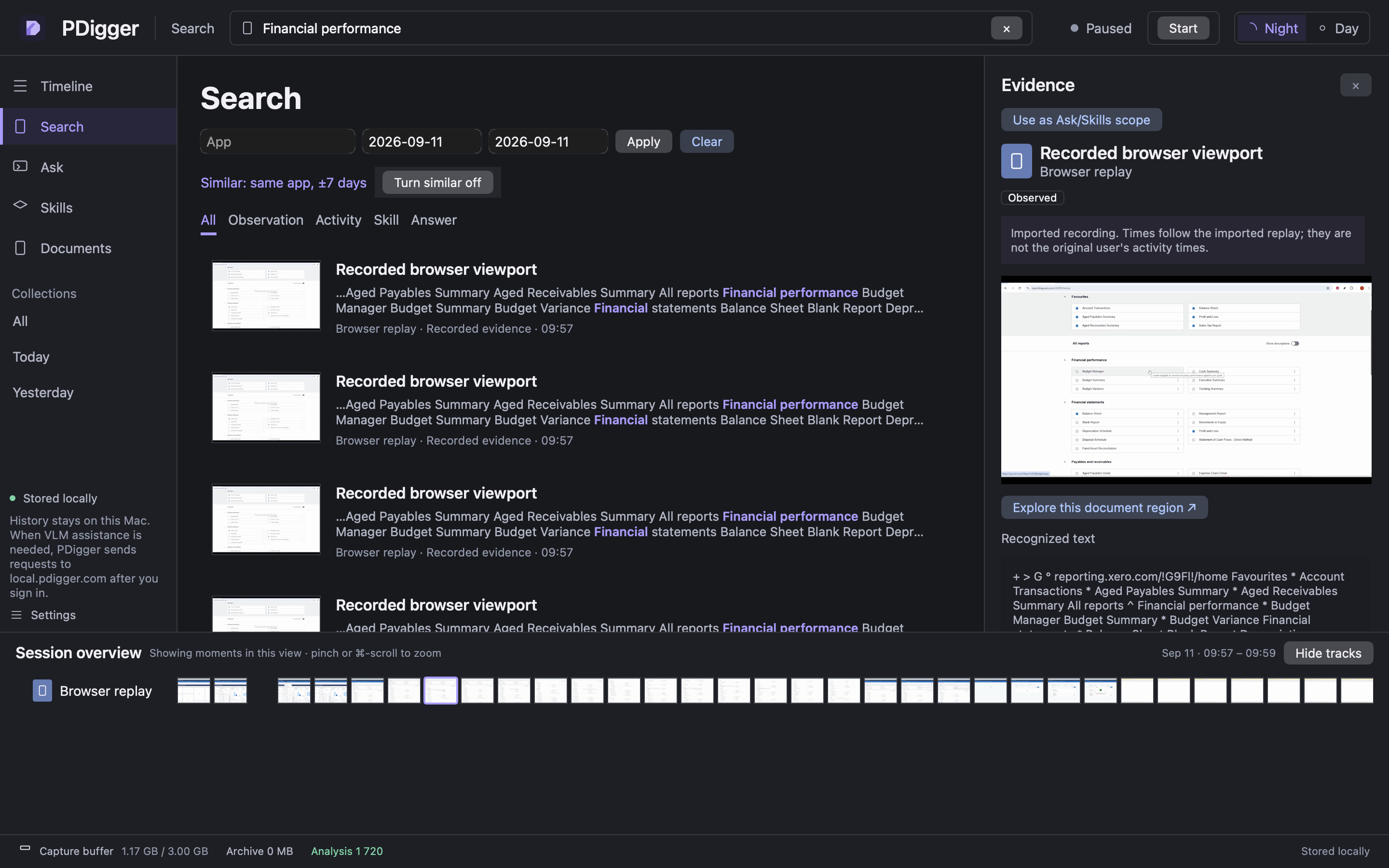 Search hit selected with the Evidence inspector showing the recorded frame