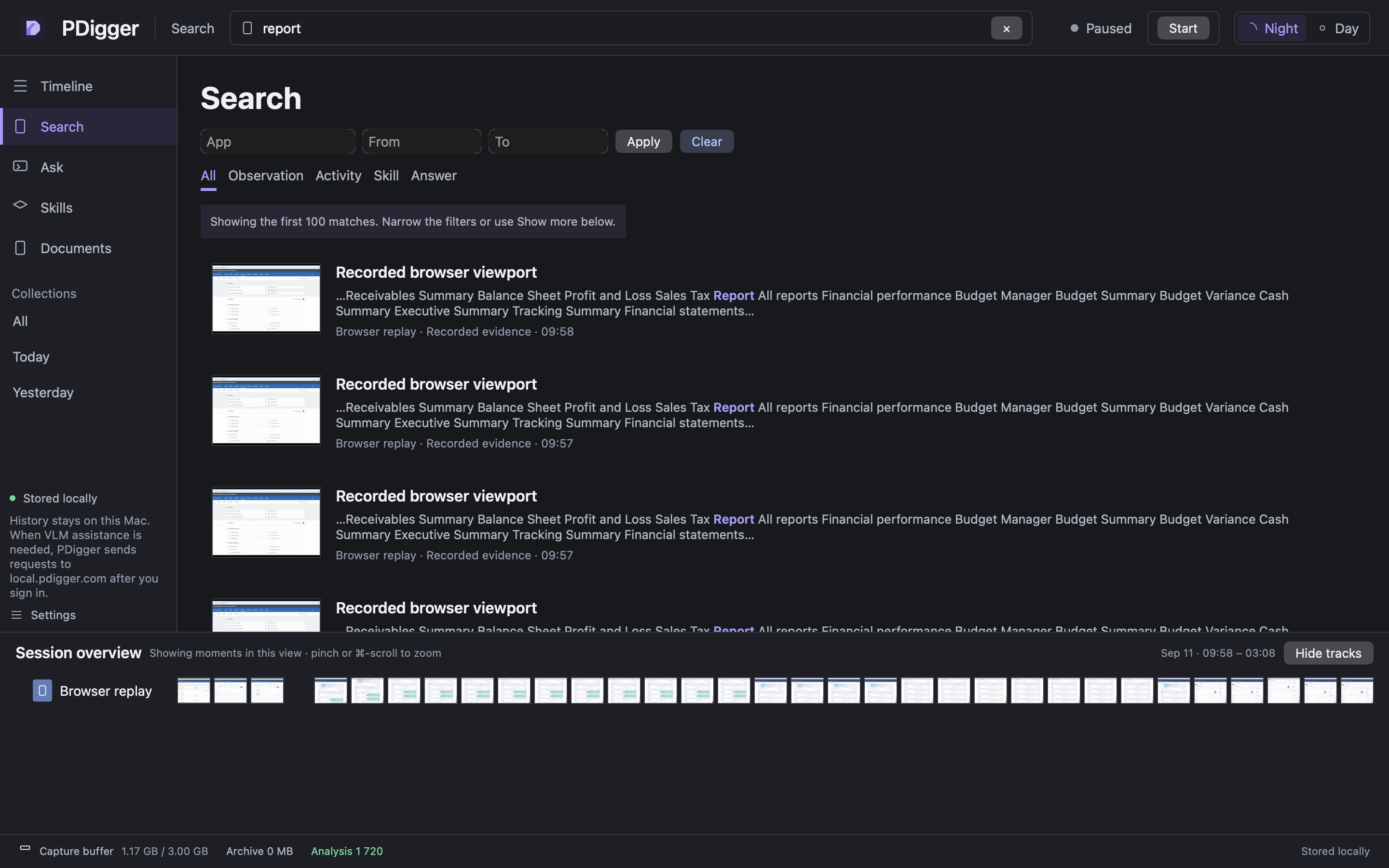 Search for report showing the first 100 matches notice, highlighted excerpts and a timeline filmstrip of recorded application screens