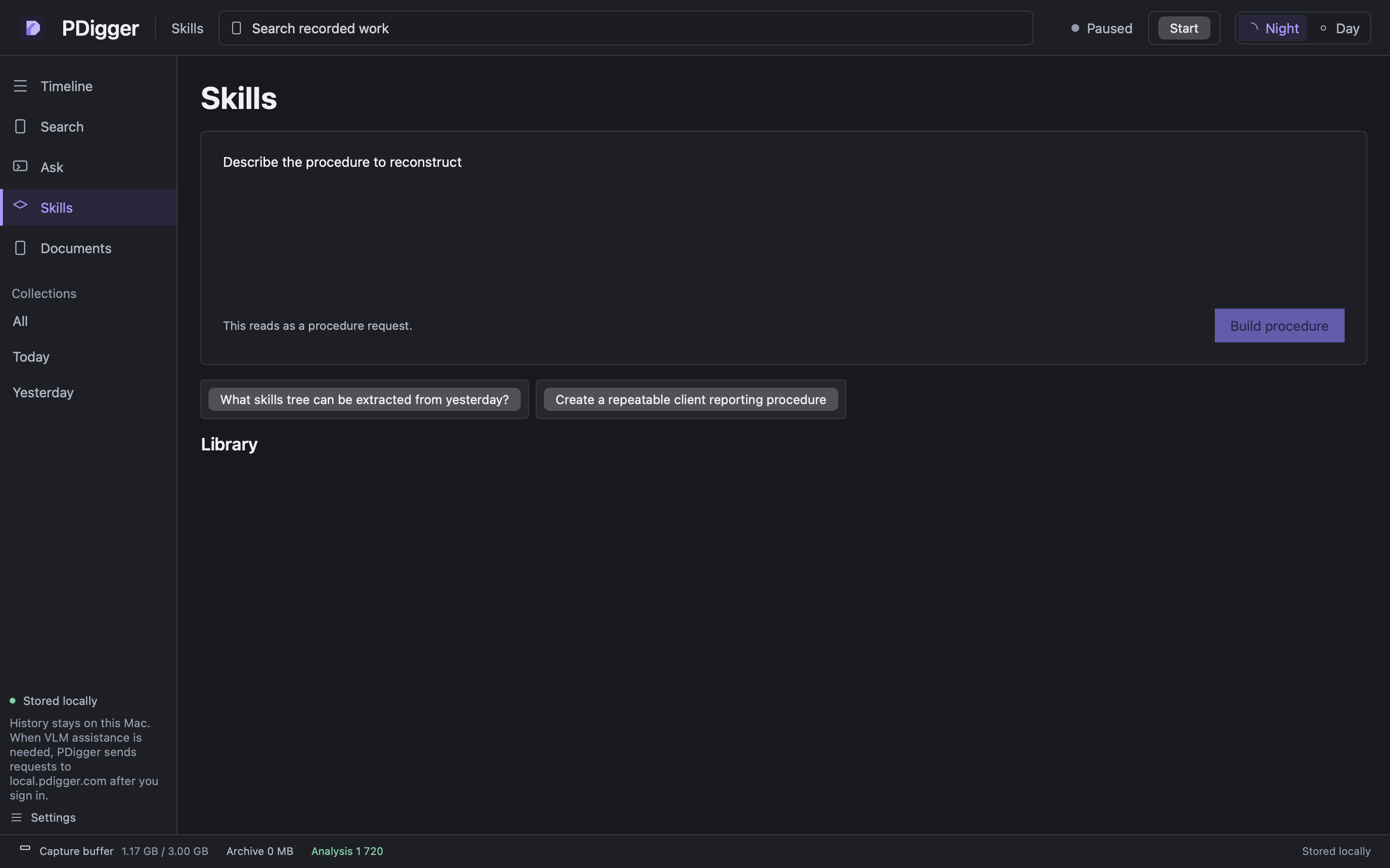 Empty Skills page with the procedure question box and library heading