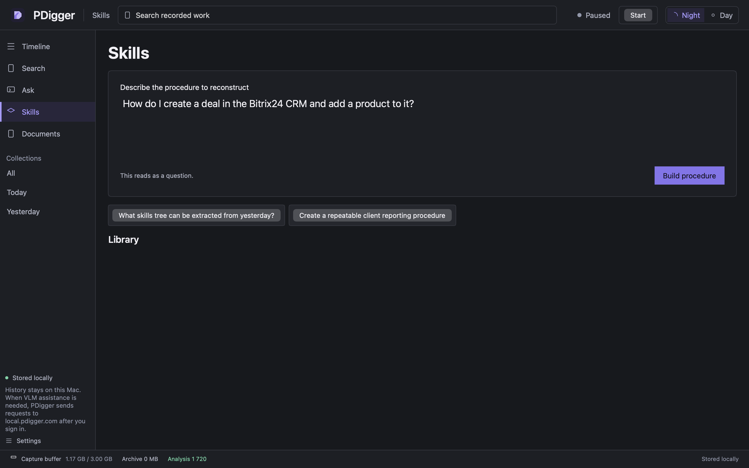 Skills prompt asking how to create a Bitrix24 CRM deal and add a product
