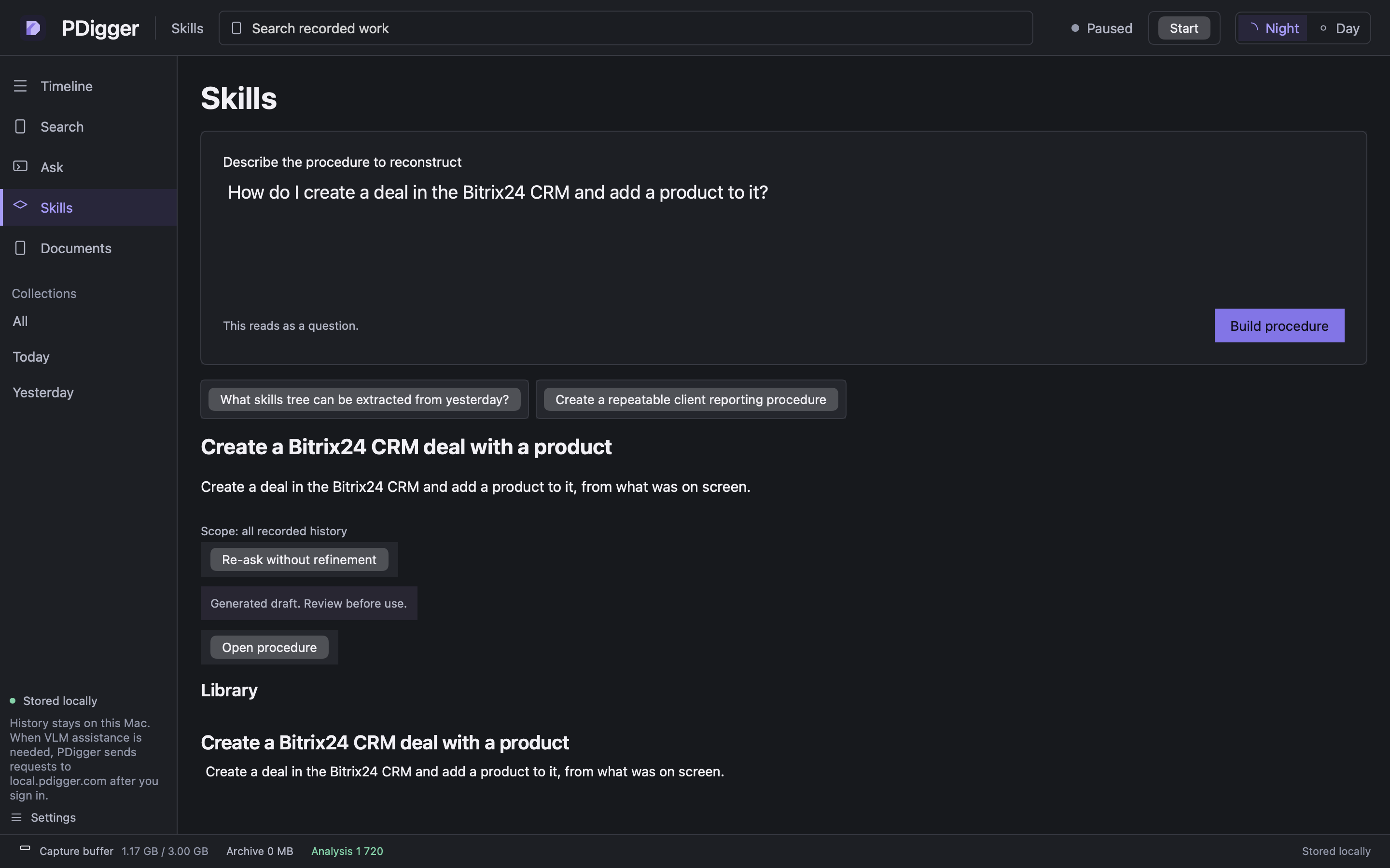 Skills page showing a generated draft to review